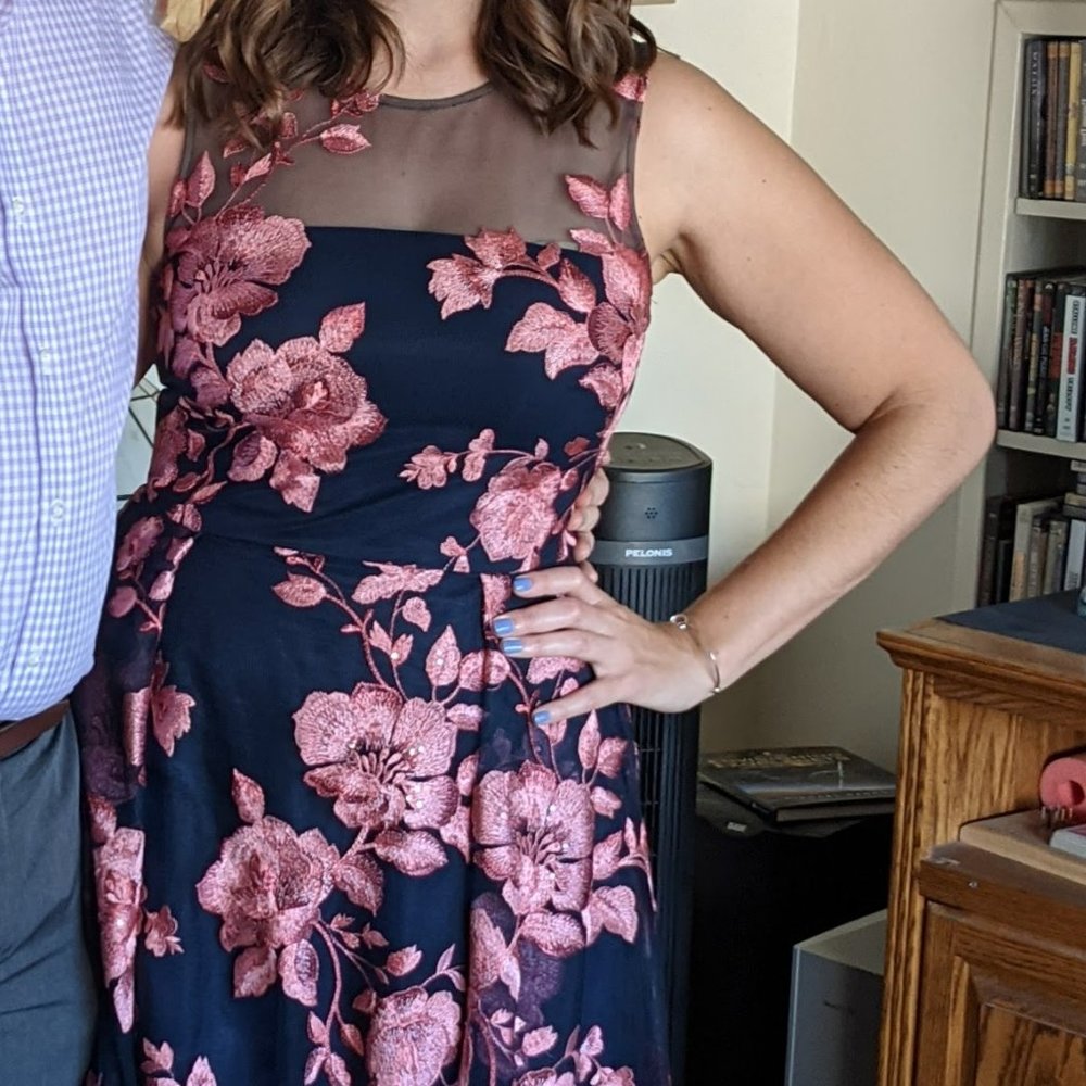 Mikael Aghal navy blue and pink knee length embroidered cocktail dress sz 10 - Picture 7 of 7